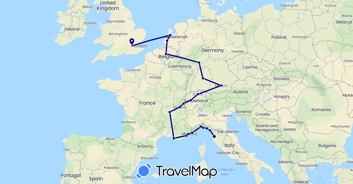 TravelMap itinerary: driving in Belgium, Switzerland, Germany, France, United Kingdom, Italy, Netherlands (Europe)